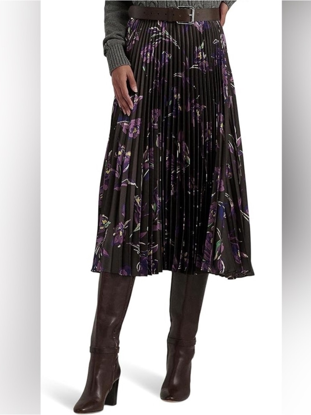 Ralph Lauren Black Pleated Midi Skirt with Purple Floral Print